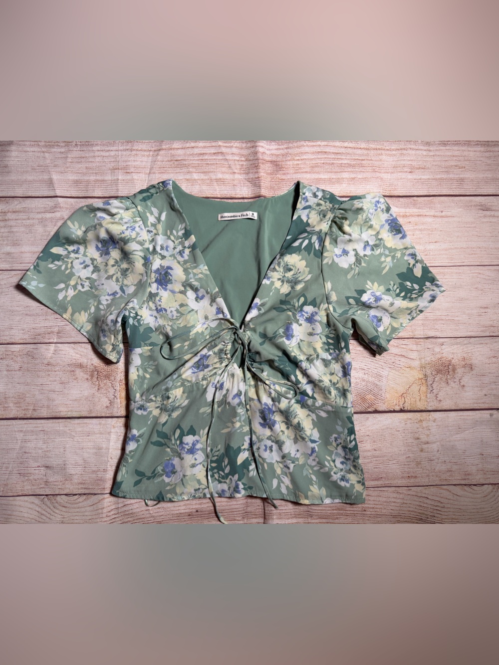Abercrombie & Fitch Cottage Fairy Sage Green Floral Tie-Front Babydoll Top
